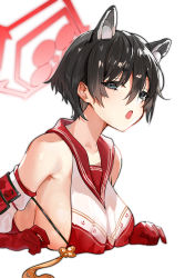 Rule 34 | 1girl, absurdres, animal ear fluff, animal ears, arm guards, black eyes, black hair, blue archive, breast rest, breasts, commentary, crop top, detached sleeves, gloves, hair between eyes, half-closed eyes, halo, highres, large breasts, looking at viewer, open mouth, red gloves, red shirt, revealing clothes, sailor collar, shiny skin, shirt, short hair, sideboob, simple background, solo, symbol-only commentary, tassel, tsubaki (blue archive), two-tone shirt, upper body, white background, white shirt, wumumu