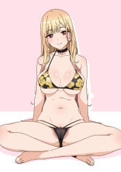 Rule 34 | 1girl, absurdres, anime coloring, arms behind back, bare legs, barefoot, bikini, black bikini, black choker, blonde hair, blush, breasts, cameltoe, choker, cleavage, closed mouth, commentary, crossed legs, ear piercing, female pubic hair, floral print, full body, gradient hair, head tilt, highres, indian style, kitagawa marin, large breasts, long hair, looking at viewer, multicolored hair, navel, o-ring, o-ring bikini, ogre (illustogre), partially visible vulva, piercing, pink background, pink hair, print bikini, pubic hair, pubic hair peek, red eyes, simple background, sitting, smile, solo, sono bisque doll wa koi wo suru, stomach, straight hair, string bikini, swimsuit, thighs, two-tone hair