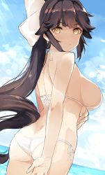 Rule 34 | 1girl, arm behind back, arm under breasts, ass, azur lane, back, bikini, blue sky, blush, bow, breasts, brown hair, closed mouth, commentary, day, from behind, hair bow, hair flaps, halterneck, large breasts, long hair, ocean, panties, ponytail, side-tie bikini bottom, side-tie panties, sideboob, sky, solo, sunlight, swimsuit, takao (azur lane), tetsujin momoko, underwear, very long hair, water, white bikini, white bow, yellow eyes