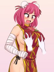Rule 34 | 1girl, 1other, arsyle, bandaged arm, bandages, blush, grabbing another&#039;s breast, breasts, brown background, bun cover, commentary request, covered erect nipples, cowboy shot, double bun, flower, grabbing, hair bun, highres, ibaraki kasen, large breasts, looking down, naked tabard, open mouth, pink eyes, pink flower, pink hair, rose, shiny skin, sideboob, simple background, solo focus, tabard, touhou