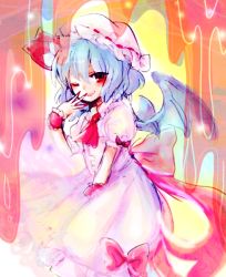 Rule 34 | 1girl, bat wings, blue hair, bow, hat, hat bow, mayo (mayomr29), one eye closed, red eyes, remilia scarlet, solo, touhou, wings, wrist cuffs