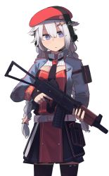 Rule 34 | + +, 1girl, assault rifle, belt, beret, black necktie, black thighhighs, blue eyes, blue jacket, braid, breasts, closed mouth, feet out of frame, flower-shaped pupils, girls&#039; frontline, grey hair, gun, hair ornament, hat, hat ornament, headphones, highres, hinami047, holding, holding weapon, jacket, kalashnikov rifle, long hair, looking at viewer, low twintails, necktie, open clothes, open jacket, ots-12 (girls&#039; frontline), ots-12 tiss, red hat, rifle, russian flag, solo, soviet flag, standing, star-shaped pupils, star (symbol), star hair ornament, star hat ornament, symbol-shaped pupils, thighhighs, twin braids, twintails, weapon, white background, white belt
