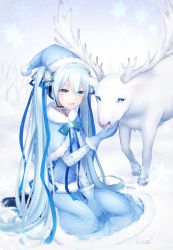 Rule 34 | 1girl, absurdres, antlers, bell, blue capelet, blue dress, blue eyes, blue gloves, blue hair, blue headwear, blue santa costume, capelet, chiutake mina, christmas, commentary, dress, full body, fur-trimmed capelet, fur-trimmed dress, fur-trimmed gloves, fur-trimmed headwear, fur trim, gloves, hair bell, hair ornament, hand on another&#039;s mouth, hat, hatsune miku, headphones, headset, highres, holly, horns, light blue hair, long hair, looking at viewer, neck bell, open mouth, outdoors, reindeer, reindeer antlers, santa costume, santa dress, santa hat, signature, sitting, smile, snow, snowflake ornament, snowflake print, snowing, tree, twintails, very long hair, vocaloid, wariza, winter