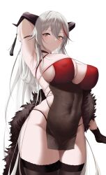 Rule 34 | 1girl, absurdres, aegir (azur lane), aegir (golden dragon among auspicious clouds) (azur lane), azur lane, bare shoulders, black gloves, blush, breasts, cleavage, collarbone, dress, gloves, highres, horn ornament, horns, large breasts, long hair, looking at viewer, multicolored hair, official alternate costume, oxygen mask (oxygenmask233), red hair, solo, streaked hair, very long hair, white background, white hair, yellow eyes