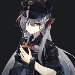 Rule 34 | 1girl, absurdres, arknights, black background, black shirt, chinese commentary, closed mouth, collarbone, collared shirt, commentary request, dragon horns, grey hair, hand up, hat, highres, horns, lan zhu gu, long hair, military hat, official alternate costume, open collar, bulletproof vest, police, police uniform, red eyes, saria (arknights), saria (the law) (arknights), shirt, sideways glance, simple background, sleeves rolled up, solo, tactical clothes, uniform, upper body, walkie-talkie, wrist cuffs