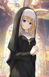 Rule 34 | 1girl, alternate costume, animal ears, ao ne, black dress, blonde hair, blue hair, breasts, church, cross, cross necklace, dress, fox ears, fox girl, habit, highres, hololive, indoors, jewelry, long sleeves, looking at viewer, medium breasts, multicolored hair, necklace, nun, omaru polka, own hands clasped, own hands together, parted lips, pink hair, purple eyes, solo, stained glass, streaked hair, traditional nun, upper body, virtual youtuber
