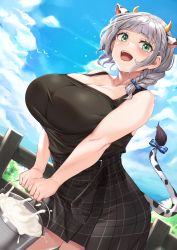 Rule 34 | 1girl, animal ears, bare shoulders, black dress, blue sky, blunt bangs, blush, breasts, bucket, cleavage, collarbone, cow ears, cow horns, cow tail, curvy, dress, fence, green eyes, highres, hololive, hololive fantasy, horns, large breasts, looking at viewer, milk, moisture (chichi), open mouth, shirogane noel, shirogane noel (casual), short braid, short hair, silver hair, sky, smile, solo, tail, virtual youtuber, wooden fence