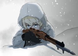 Rule 34 | 1girl, aiming, bad id, bad pixiv id, bayonet, black gloves, blue eyes, bolt action, coat, commentary request, female focus, girls und panzer, gloves, gun, holding, holding gun, holding weapon, hood, hood up, hooded coat, kiroshi, korean commentary, long sleeves, looking at viewer, rifle, shadow, short hair, silver hair, snow, solo, weapon, white coat, youko (girls und panzer)