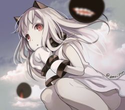 Rule 34 | 10s, 1girl, abyssal ship, ahoge, amripo, cloud, cloudy sky, colored skin, commentary request, dress, horns, kantai collection, long hair, looking at viewer, mittens, northern ocean princess, open mouth, pale skin, red eyes, sky, sleeveless, sleeveless dress, solo, white dress, white hair, white skin