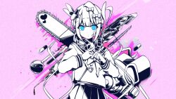 Rule 34 | 1girl, bandaid, bandaid on face, blue eyes, bow, boxcutter, chainsaw, chouzetsusaikawa tenshi-chan, derivative work, evandragon, flask, greyscale with colored background, hair bow, headphones, headphones around neck, long hair, multiple hair bows, needy girl overdose, parody, pill, pill hair ornament, pink background, pleated skirt, quad tails, round-bottom flask, sailor collar, school uniform, serafuku, skirt, solo, spot color, syringe, test tube, upper body, venom (vocaloid), very long hair, vocaloid, x fingers