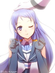 Rule 34 | 10s, 1girl, ;), blue eyes, blue gloves, blue hair, elbow gloves, gloves, hand on another&#039;s head, kantai collection, long hair, one eye closed, ookami maito, samidare (kancolle), school uniform, serafuku, simple background, smile, solo focus, white background, white gloves