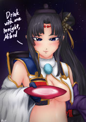 Rule 34 | 1girl, artist name, black hair, blue eyes, breasts, colorized, cup, djayo, english text, fate/grand order, fate (series), gold trim, highres, large breasts, long hair, looking at viewer, navel, sakazuki, side ponytail, sidelocks, solo, ushiwakamaru (fate), very long hair