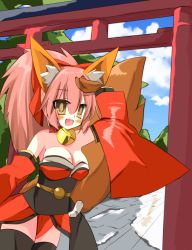 Rule 34 | 1girl, animal ears, bell, blush, breasts, cleavage, collar, fate/grand order, fate (series), fox ears, fox tail, hair ribbon, japanese clothes, large breasts, long hair, looking at viewer, neck bell, open mouth, pink hair, ribbon, ruugaruu, solo, tail, tamamo (fate), tamamo cat (fate), tamamo cat (first ascension) (fate), tamamo no mae (fate/extra), thighhighs, type-moon, yellow eyes