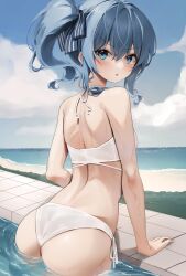 Rule 34 | 1girl, absurdres, ass, bare shoulders, bikini, blue eyes, blue hair, blush, from behind, highres, hololive, hoshimachi suisei, looking at viewer, looking back, open mouth, poolside, scarlet (wv0102), side-tie bikini bottom, side ponytail, solo, swimsuit, v-shaped eyebrows, virtual youtuber, wavy hair, white bikini