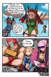 Rule 34 | 2koma, aircraft, airplane, backpack, bag, beret, blonde hair, blue eyes, blue jacket, blue sky, braid, breasts, cammy white, cleavage, cloud, comic, covered navel, dated, elbow gloves, english text, facial scar, fingerless gloves, gas mask, gloves, green leotard, hat, hershuar, highleg, highleg leotard, holding, holding notepad, jacket, leotard, long hair, low twin braids, manon legrand, marisa (street fighter), mask, medium breasts, muscular, muscular female, muscular male, notepad, parachute, pink hair, red gloves, red hair, scar, scar on cheek, scar on face, short hair, short hair with long locks, sidelocks, sign, sky, sleeping, street fighter, street fighter 6, street fighter v, twin braids, twitter username, unamused, writing, zzz