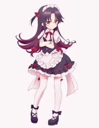 Rule 34 | 1girl, black bow, black footwear, blush, bow, closed mouth, full body, highres, long hair, looking at viewer, maid, maid headdress, red bow, red eyes, ryuuou no oshigoto!, shoes, short sleeves, solo, thighhighs, white thighhighs, yano akane, yashajin ai, zettai ryouiki