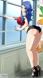Rule 34 | 1girl, ass, bare shoulders, blue hair, breasts, curvy, fairy tail, female focus, high heels, highres, hip focus, indoors, juvia lockser, large breasts, platform footwear, platform heels, short shorts, shorts, sideboob, solo, tattoo, thick thighs, thighs, whentai, wide hips, window