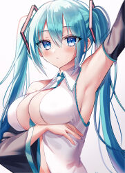 Rule 34 | 1girl, aqua hair, arm up, armpits, between breasts, blue eyes, blue necktie, blush, breast hold, breasts, collared shirt, commentary, detached sleeves, english commentary, expressionless, eyes visible through hair, hair between eyes, hair ornament, hannahkwok4, hatsune miku, highres, large breasts, long hair, looking at viewer, necktie, necktie between breasts, open clothes, open shirt, parted lips, shirt, sideboob, sidelocks, simple background, sleeveless, sleeveless shirt, solo, sweat, sweatdrop, twintails, upper body, very long hair, vocaloid, white background