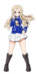 Rule 34 | 1girl, absurdres, bc freedom military uniform, black footwear, blonde hair, blue jacket, blue vest, boots, closed mouth, commentary, dress shirt, drill hair, full body, girls und panzer, green eyes, hand on own hip, hand over eye, high collar, highres, jacket, knee boots, long hair, long sleeves, looking at viewer, marie (girls und panzer), military uniform, miniskirt, pleated skirt, shibainutank, shirt, simple background, skirt, smile, solo, sparkle, standing, uniform, vest, white background, white shirt, white skirt