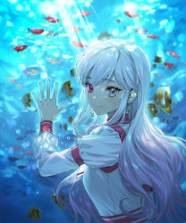 Rule 34 | 1girl, absurdres, against glass, aquarium, blush, closed mouth, commentary request, commission, earrings, eyelashes, fingernails, fish, glass, grey eyes, grey hair, hand up, heterochromia, highres, huge filesize, jewelry, light beam, long hair, long sleeves, looking at viewer, ninto, original, purple eyes, shirt, smile, solo, white shirt