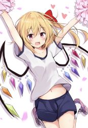 Rule 34 | 1girl, :d, absurdres, alternate costume, arms up, blue shorts, blush, bow, breasts, collarbone, commentary request, confetti, contemporary, crystal, flandre scarlet, gym shirt, gym shorts, gym uniform, hair between eyes, hair bow, heart, highres, holding, holding pom poms, hyurasan, jumping, looking at viewer, midriff, navel, no headwear, no headwear, one side up, open mouth, pink footwear, pom pom (cheerleading), pom poms, red bow, shirt, shoes, short sleeves, shorts, simple background, small breasts, smile, sneakers, socks, solo, stomach, thighs, touhou, white background, white shirt, white socks, wings
