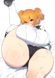 Rule 34 | 1girl, ass, black shorts, breasts, bush, by spoon, cameltoe, cerberus (last origin), curvy, gloves, highres, huge ass, huge breasts, last origin, leg up, looking at viewer, lying, mole, mole under eye, on back, orange hair, red eyes, shoes, short shorts, shorts, socks, solo, sweat, thick thighs, thighs, twintails, white background