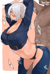 Rule 34 | 1girl, angel (kof), arched back, arms behind head, arms up, bent over, blue eyes, blush, breasts, breath, chaps, cleavage, clothed female nude male, cropped jacket, embarrassed, grey hair, groin, hair over one eye, highres, jacket, large breasts, leather, leather jacket, legs, makingtawawa, midriff, navel, nude, pussy juice, sex, short hair, simple background, sound effects, standing, standing sex, steaming body, sweat, thank you, the king of fighters, thighs, vaginal, wet