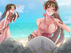Rule 34 | bare shoulders, beach, bikini, blush, book, breasts, brown hair, fire emblem, fire emblem: new mystery of the emblem, fire emblem: shadow dragon and the blade of light, fire emblem heroes, flashing, genderswap, genderswap (mtf), holding, holding book, kiran (fire emblem), kiran (male) (fire emblem), large breasts, licking lips, linde (fire emblem), long hair, looking at viewer, nintendo, nipples, official alternate costume, omizu (mimisyumikan), open mouth, outdoors, pink bikini, ponytail, rock, swimsuit, tongue, tongue out, xane (fire emblem)