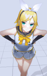 Rule 34 | 1girl, :s, aqua eyes, bad id, bad pixiv id, black sailor collar, blonde hair, blurry, blush, bow, closed mouth, commentary request, depth of field, detached sleeves, feet out of frame, fortissimo, grey background, hair ornament, hair ribbon, hairclip, hands on own hips, headphones, highres, kagamine rin, kagamine rin (vocaloid4), leaning forward, looking at viewer, neckerchief, orange bow, orange neckerchief, osanzi, ribbon, sailor collar, school uniform, serafuku, shirt, short hair, short shorts, short sleeves, shorts, sidelocks, simple background, sleeveless, sleeveless shirt, solo, standing, swept bangs, thigh gap, tile floor, tiles, v-shaped eyebrows, vocaloid, white ribbon, white shirt, white shorts