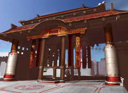 Rule 34 | arch, architecture, blue sky, building, concept art, day, dutch angle, earthrise (game), east asian architecture, no humans, outdoors, pillar, scenery, shrine, sky