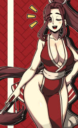 Rule 34 | 1girl, ;d, absurdres, bare shoulders, blush, breasts, brown eyes, brown hair, cleavage, curvy, fatal fury, female focus, folded fan, folding fan, hand fan, hand on own hip, high ponytail, highres, holding, holding fan, japanese clothes, large breasts, long hair, looking at viewer, masgamjya, matching hair/eyes, ninja, one eye closed, only commentary, open mouth, pelvic curtain, ponytail, revealing clothes, shiranui mai, smile, solo, symbol-, the king of fighters, thick thighs, thighs, very long hair, wide hips, wink