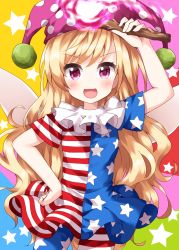 Rule 34 | 1girl, :d, american flag dress, american flag legwear, blonde hair, clownpiece, cowboy shot, dress, hand on own hip, hat, highres, holding, holding torch, jester cap, long hair, looking at viewer, multicolored background, neck ruff, open mouth, pantyhose, pink eyes, pink hat, polka dot headwear, ruu (tksymkw), short sleeves, smile, solo, standing, star (symbol), star print, starry background, striped clothes, striped dress, striped pantyhose, torch, touhou, v-shaped eyebrows