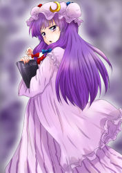 Rule 34 | 1girl, book, cowboy shot, crescent moon, from behind, hair ribbon, hat, holding, holding book, long hair, looking at viewer, looking back, mob cap, moon, moon (ornament), nightgown, open mouth, pajamas, patchouli knowledge, purple eyes, purple hair, ribbon, solo, striped clothes, striped pajamas, touhou, unya
