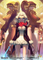 Rule 34 | 3girls, beethoven (qurare magic library), blonde hair, bloomers, blue eyes, breasts, cleavage, conductor, dress, frilled dress, frilled sleeves, frills, jacket, large breasts, lens flare, mask, multiple girls, ningu, official art, original, ponytail, qurare magic library, red scarf, scarf, short dress, short hair, size difference, solo focus, underwear, white dress