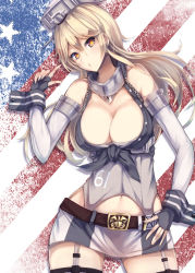 Rule 34 | 10s, 1girl, :o, american flag, belt, black gloves, blonde hair, blue eyes, breasts, cleavage, cowboy shot, detached sleeves, fingerless gloves, garter straps, gloves, hair between eyes, headgear, highres, iowa (kancolle), kantai collection, konkito, large breasts, long hair, long sleeves, looking at viewer, miniskirt, navel, skirt, solo, standing, star-shaped pupils, star (symbol), symbol-shaped pupils, thighhighs
