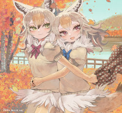 Rule 34 | 2girls, absurdres, african golden wolf (kemono friends), animal ears, autumn, autumn leaves, bad id, bad pixiv id, blue bow, blue bowtie, blush, bow, bowtie, brown gloves, brown hair, brown pantyhose, closed mouth, commission, dated, day, elbow gloves, gloves, golden jackal (kemono friends), green eyes, highres, hug, hug from behind, kanmoku-san, kemono friends, long hair, looking away, multicolored hair, multiple girls, open mouth, outdoors, pantyhose, pixiv commission, puffy short sleeves, puffy sleeves, red bow, red bowtie, red eyes, short sleeves, smile, tail, tree