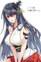 Rule 34 | 1girl, black hair, breasts, chamumi (mochiumee), commentary request, cowboy shot, fusou (kancolle), hair ornament, hakama, hakama skirt, headgear, japanese clothes, kantai collection, large breasts, long hair, looking at viewer, one-hour drawing challenge, pleated skirt, red eyes, red skirt, simple background, sitting, skirt, sleeveless, solo, v arms, white background