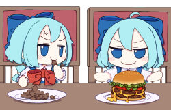 Rule 34 | 2girls, ahoge, anger vein, blue bow, blue dress, blue eyes, blue hair, blush stickers, bow, burger, chair, cirno, closed mouth, collared shirt, dress, dual persona, eating, fairy, food, fumo (doll), hair between eyes, hair bow, highres, holding, holding food, ice, ice wings, kame (kamepan44231), multiple girls, pinafore dress, plate, shirt, short hair, short sleeves, sleeveless, sleeveless dress, smile, touhou, white shirt, wings