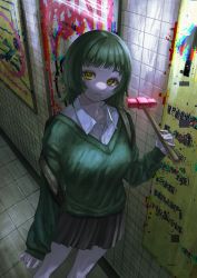 Rule 34 | 1girl, backpack, bag, black skirt, brown eyes, chromatic aberration, closed mouth, collared shirt, distortion, facing viewer, female focus, green hair, green sweater, hammer, highres, holding, holding hammer, looking at viewer, medium hair, original, pale skin, pleated skirt, shirt, sign, skirt, sleeves past wrists, solo, sweater, tile floor, tile wall, tiles, umuni, white shirt