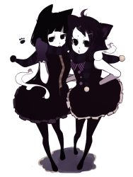 Rule 34 | 2girls, ahoge, animal ears, asymmetrical bangs, black legwear, black theme, blunt bangs, brown theme, cat, cat ears, commentary request, gloves, hair ornament, hairclip, hand on another&#039;s back, hand on own hip, highres, looking at viewer, moifactory, multiple girls, multiple monochrome, o3o, open mouth, original, pantyhose, paw print, pleated skirt, pom pom (clothes), purple gloves, purple theme, simple background, skirt, sleeveless, white background, white theme