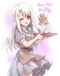 Rule 34 | 1girl, apron, aqua bow, aqua bowtie, bow, bowtie, brown apron, collared dress, cup, dress, english text, fate (series), food, grey dress, highres, holding, holding tray, ice cream, illyasviel von einzbern, kuroi mimei, long hair, looking at viewer, name tag, one eye closed, open mouth, puffy short sleeves, puffy sleeves, red eyes, short dress, short sleeves, silver hair, smile, solo, standing, striped clothes, striped dress, sundae, tray, vertical-striped clothes, vertical-striped dress, waist apron, waitress