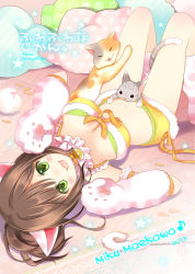 Rule 34 | 10s, 1girl, 2013, animal ears, animal hands, armlet, artist name, blush, bow, breasts, brown hair, cat, cat ears, catnip, character name, cleavage, collar, dated, fangs, female focus, fish, gloves, green eyes, hinayuki usa, idolmaster, kneehighs, knees up, looking at viewer, lying, maekawa miku, midriff, open mouth, paw gloves, pillow, pink socks, ponytail, ribbon, short hair, socks, solo, star (symbol), striped clothes, striped socks, tag, toy
