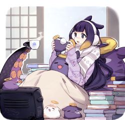 Rule 34 | 1girl, blanket, blue eyes, book, coffee cup, commentary, cup, disposable cup, earmuffs, halo, hololive, hololive english, long hair, multicolored hair, ninomae ina&#039;nis, open mouth, orange hair, pointy ears, purple hair, sliding doors, smile, steam, sweater, takodachi (ninomae ina&#039;nis), tentacle hair, virtual youtuber, yuuyu (777)