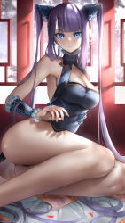 Rule 34 | 1girl, ass, backlighting, bare shoulders, black dress, blue eyes, blush, breasts, china dress, chinese clothes, cleavage, detached sleeves, dress, fate/grand order, fate (series), faton, hair ornament, highres, large breasts, long hair, looking at viewer, purple hair, side slit, sidelocks, sitting, smile, thighs, twintails, very long hair, yang guifei (fate), yang guifei (second ascension) (fate)