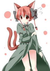 Rule 34 | 1girl, :/, animal ears, bad id, bad pixiv id, blush, bow, braid, cat ears, cat girl, cat tail, clothes lift, extra ears, female focus, hair bow, highres, kaenbyou rin, legs, multiple tails, oniku (shimofuri-ke), pointy ears, red eyes, red hair, shy, simple background, skirt, skirt lift, solo, tail, touhou, twin braids