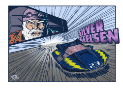 Rule 34 | 1boy, action, aircraft, artist name, beard, border, brown jacket, character name, close-up, closed mouth, f-zero, facial hair, flying car, goggles, goggles on headwear, grey headwear, helmet, highres, hover vehicle, jacket, jrcomicart, lightning bolt symbol, long beard, looking at viewer, mustache, night thunder, nintendo, old, old man, race vehicle, science fiction, silver neelsen, solo, speed lines, thick eyebrows, vehicle focus, white border