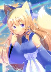 Rule 34 | 1girl, animal ear fluff, animal ears, bare shoulders, bell, blonde hair, blue bow, blue eyes, blue kimono, blue ribbon, blue sleeves, blurry, blurry background, blush, bow, breasts, closed mouth, commentary request, commission, copyright request, depth of field, detached sleeves, fox ears, fox girl, fox tail, hair bell, hair bow, hair ornament, hair ribbon, hand up, japanese clothes, jingle bell, kimono, kou hiyoyo, lens flare, long hair, long sleeves, looking at viewer, medium breasts, purple bow, ribbon, sidelocks, skeb commission, sleeveless, sleeveless kimono, smile, solo, tail, very long hair, virtual youtuber, wide sleeves