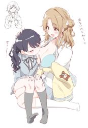 Rule 34 | :d, blouse, blush, bra, breast sucking, breastfeeding, breasts, cleavage, collarbone, empty eyes, front-hook bra, fukumaru koito, glolywonder, hands on own knees, headpat, higuchi madoka, ichikawa hinana, idolmaster, idolmaster shiny colors, jacket, jacket partially removed, kneehighs, knees up, looking at another, open bra, open clothes, open mouth, open shirt, partially colored, school uniform, shirt, simple background, sitting, smile, socks, teardrop, trembling, underwear, wavy hair, white background