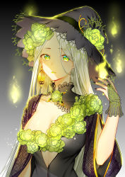 Rule 34 | 1girl, absurdres, bad id, bad pixiv id, breasts, cleavage, closed mouth, collarbone, commentary request, earrings, fingernails, flower, gradient background, green eyes, hand up, hat, highres, jewelry, large breasts, long hair, looking at viewer, maokezi, mole, mole under eye, nail polish, original, silver hair, simple background, slit pupils, solo, upper body, wide sleeves, witch, witch hat