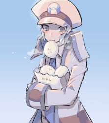 Rule 34 | 1boy, bag, baozi, blue background, blue necktie, blush, coat, collared shirt, creatures (company), emmet (pokemon), food, game freak, gloves, gradient background, grey hair, hat, high collar, holding, holding bag, japanese text, long sleeves, male focus, milk (milk319319), mouth hold, necktie, nintendo, open clothes, open coat, paper bag, peaked cap, pokemon, pokemon bw, shirt, short hair, sidelocks, simple background, sketch, solo, standing, steam, sweat, tears, translated, upper body, white coat, white gloves, white hat, white shirt